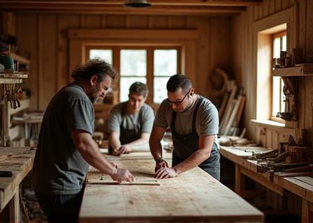 Équipe d’artisans Atelier Chalet Bois en atelier avec outils de travail